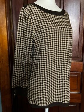 Talbots 100% Merino Wool Houndstooth Boat Neck Sweater Size Large Brown & Beige